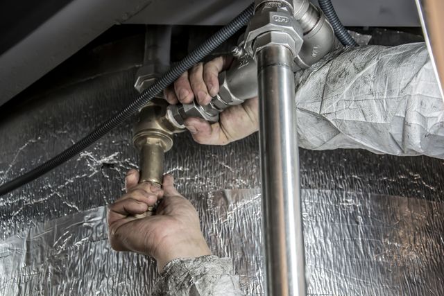Handen draaien een koppeling op een metalen waterleiding vast